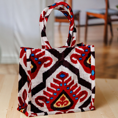Traditional-Patterned Red and White Silk Velvet Handle Bag