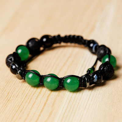 Adjustable Green and Black Multi-Gemstone Beaded Bracelet