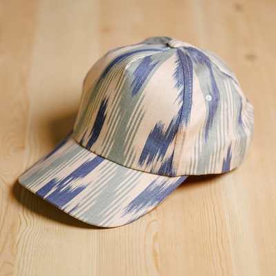 Handmade Ikat Patterned Blue and White Cotton Baseball Cap