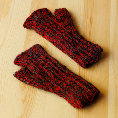 Handwoven Red and Grey Cashmere Wool Fingerless Mittens