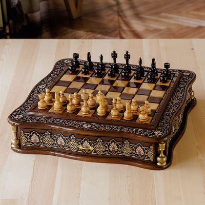 Polished Classic Floral Hand-Carved Walnut Wood Chess Set