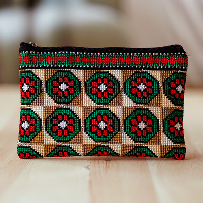 Floral Patterned Embroidered Cosmetic Bag in Earthy Hues
