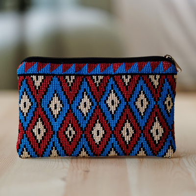 Geometric Patterned Embroidered Cosmetic Bag in Red and Blue