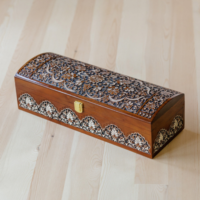 Hand-Carved Floral Walnut Wood Jewelry Box from Uzbekistan