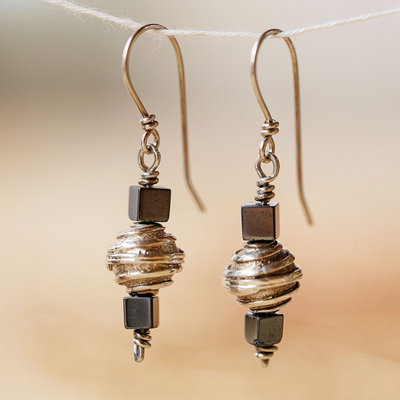 Spiral Sterling Silver and Natural Hematite Dangle Earrings
