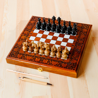 Walnut Wood Chess Set Hand Carved in Uzbekistan