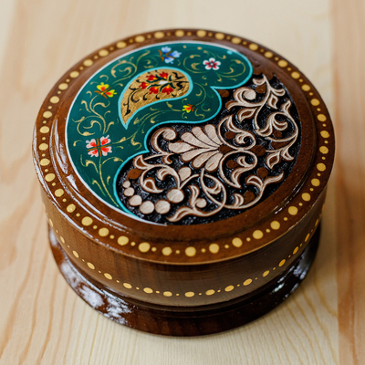 Round Walnut Wood Jewelry Box with Paisley and Floral Motifs