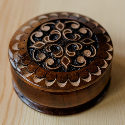 Round Wood Mini Jewelry Box with Hand-Carved Cross Motif