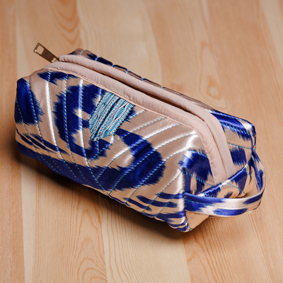 Blue and White Ikat Cosmetic Bag with Handle & Brass Zipper