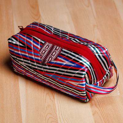 Striped Ikat Cosmetic Bag with Handle and Brass Zipper