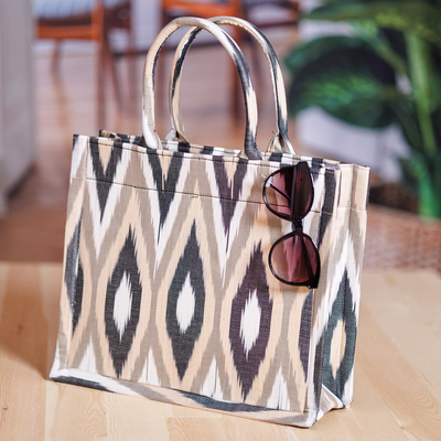 Handcrafted Ikat Cotton Tote Bag in Brown Black and White