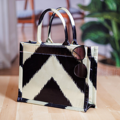 Handcrafted Tote Bag with Ikat Motifs in Black and White