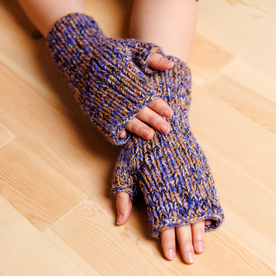 Handcrafted Blue and Brown Cotton Fingerless Mittens