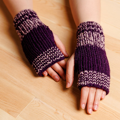 Handcrafted Purple and White Cotton Fingerless Mittens
