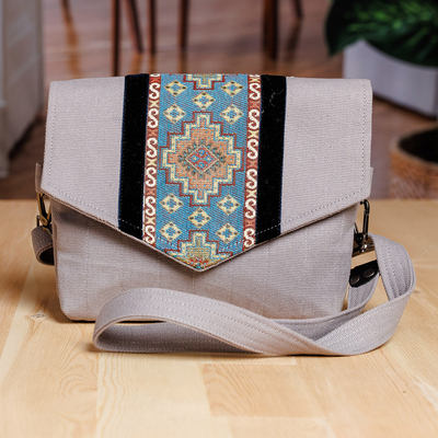 Handcrafted Grey and Blue Cotton and Tarp Shoulder Bag