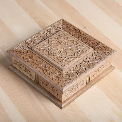 Floral Hand-Carved Walnut Wood Jewelry Box with Four Drawers