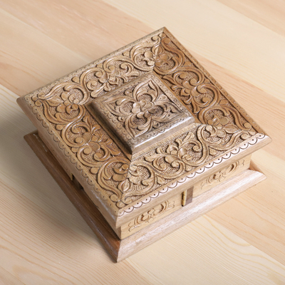 Hand-Carved Walnut Wood Jewelry Box with Floral Details