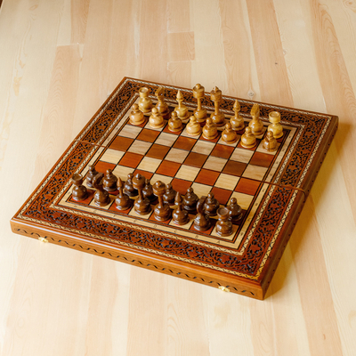 Classic Hand-Carved Walnut Wood Chess and Backgammon Set