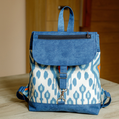 Classic Ikat-Patterned Blue Cotton Blend Zippered Backpack