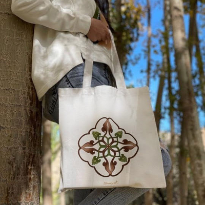 Hand-Painted Leaf and Tree Cotton Tote Bag from Armenia
