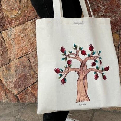 Hand-Painted Pomegranate Tree Cotton Tote Bag from Armenia