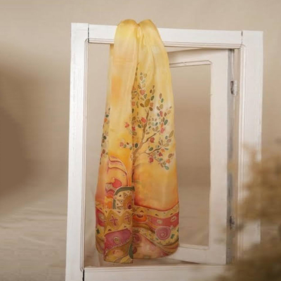 Traditional Hand-Painted Nur Tree Silk Scarf in Warm Hues