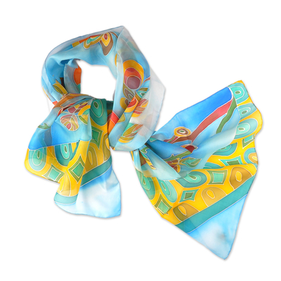 Hand-Painted Leafy and Floral Light Blue Silk Scarf