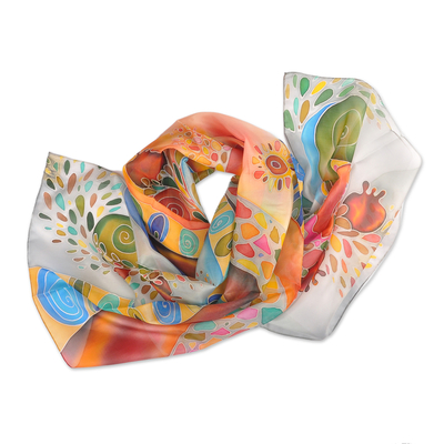 Hand-Painted Pomegranate-Themed Light Blue Silk Scarf