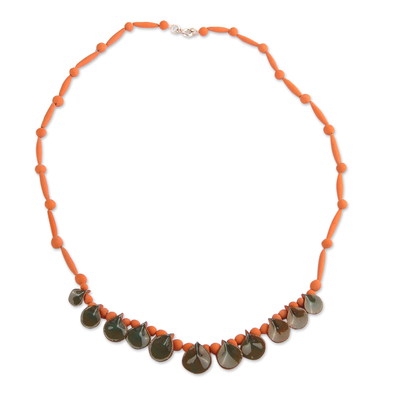 Hand-Painted Green & Orange Ceramic Beaded Droplet Necklace