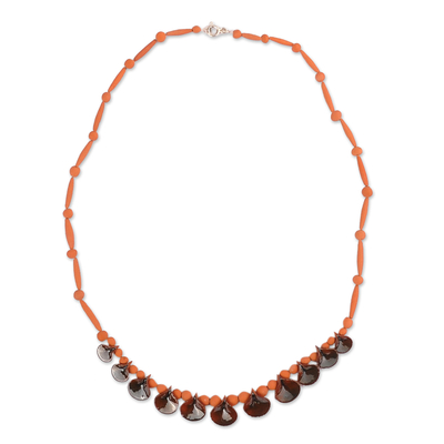 Hand-Painted Grey and Orange Ceramic Beaded Droplet Necklace