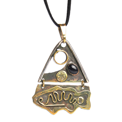 Fish-Themed Brass and Melchior Pendant Necklace with Onyx