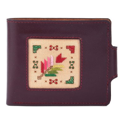 Brown Leather Wallet with Floral Cross-Stitch Textile Accent
