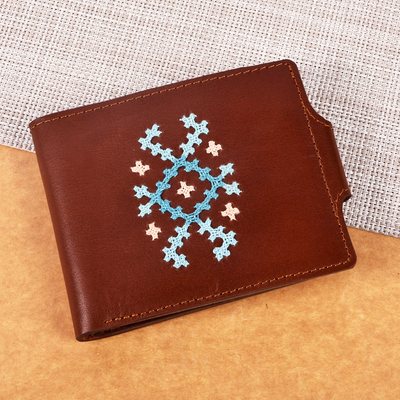 Brown Leather Wallet with Blue Armenian Hand Embroidery