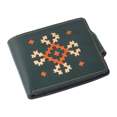Cross-Stitch Embroidered Green Leather Wallet from Armenia