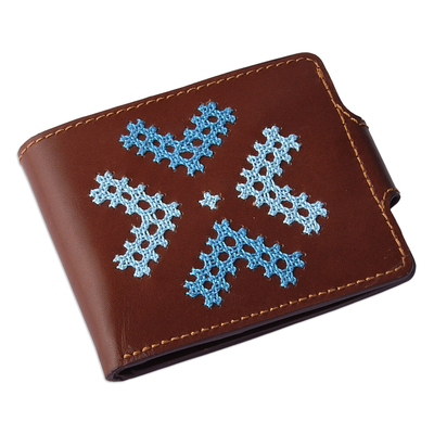 Cross-Stitch Embroidered Brown and Blue Leather Wallet