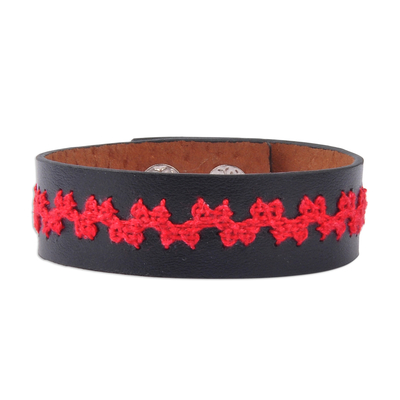 Embroidered Red and Brown Leather Wristband Bracelet