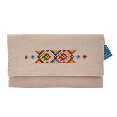 Beige Cotton Clutch With Geometric Svaz Embroidery Accent
