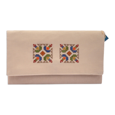 Beige Cotton Clutch With Geometric Van Embroidery Accent