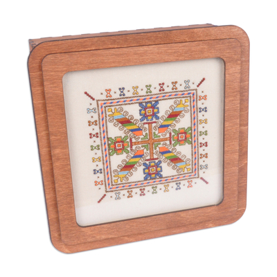 Wood Jewelry Box with Cotton Embroidered Motif on the Lid