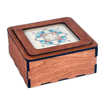 Handmade Wood Jewelry Box Topped by Cotton Embroidered Motif