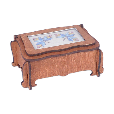 Handmade Wood Jewelry Box Topped by Lovely Embroidered Motif