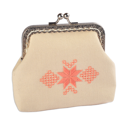 Embroidered Linen Coin Purse with Brass Kiss Lock Closure