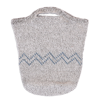 Crocheted Tote Bag in Grey and Aqua with Wavy Pattern