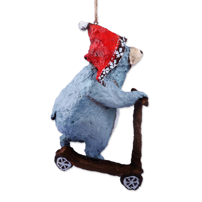 Hand-Painted Papier Mache Ornament of Bear on a Scooter