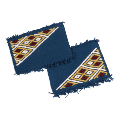 2 Blue Cotton Coasters with Hand-Embroidered Geometric Motif
