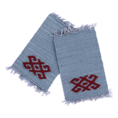 2 Handwoven Grey Cotton Coasters with Hand-Embroidered Motif