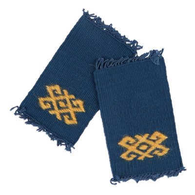 2 Handwoven Blue Cotton Coasters with Hand-Embroidered Motif