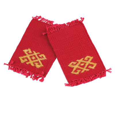 2 Handwoven Red Cotton Coasters with Hand-Embroidered Motif