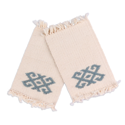 2 Handwoven Ivory Cotton Coasters with Wool Hand Embroidery