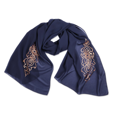 Armenian Blue Silk Scarf with Hand-Painted Motifs in Gold